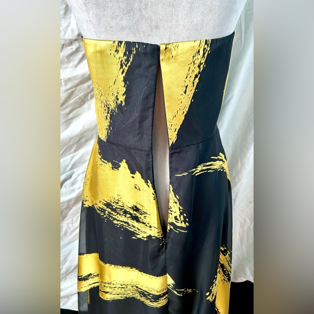 Donna Karan Black, Gold Metallic Paintbrush Strapless Gown, Size M - Picture 6 of 10